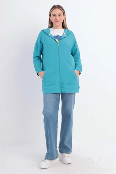 Turkuaz-Fermuarlı Sweat Hırka - 2