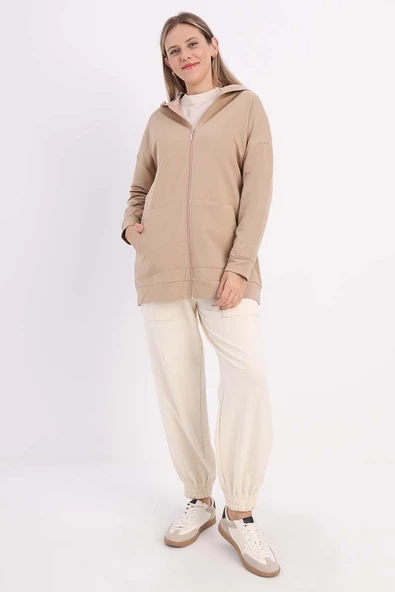 Açık Vizon-Fermuarlı Sweat Hırka - 2