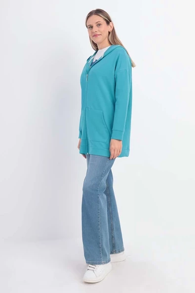 Turkuaz-Fermuarlı Sweat Hırka - 3