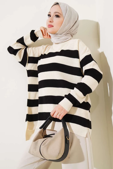 Çizgili Pirinç Örgü Salaş Triko Tunik Bej ürün görseli