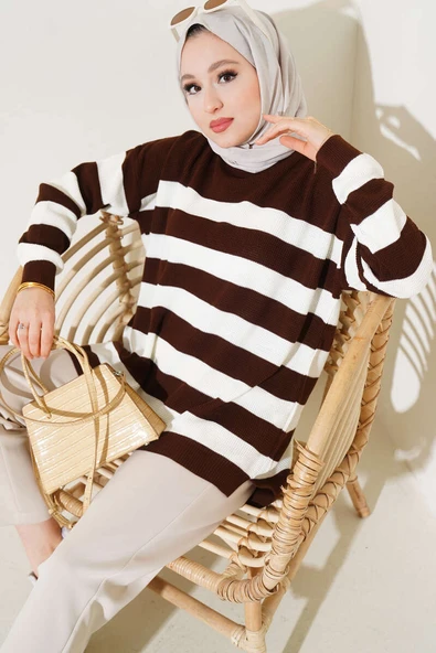 Çizgili Pirinç Örgü Salaş Triko Tunik Kahve ürün görseli 1