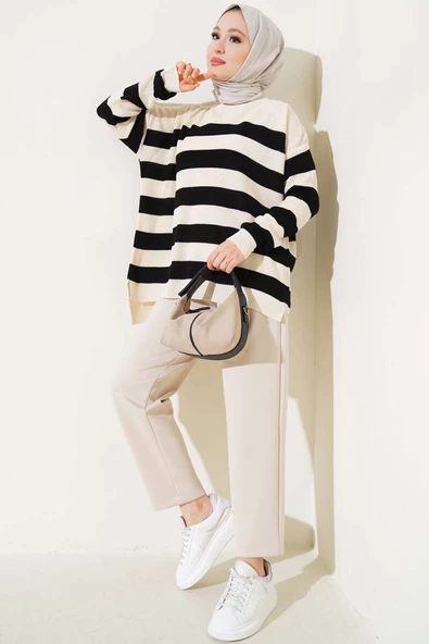 Çizgili Pirinç Örgü Salaş Triko Tunik Bej - Resim 2