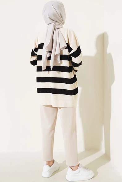 Çizgili Pirinç Örgü Salaş Triko Tunik Bej - Resim 3