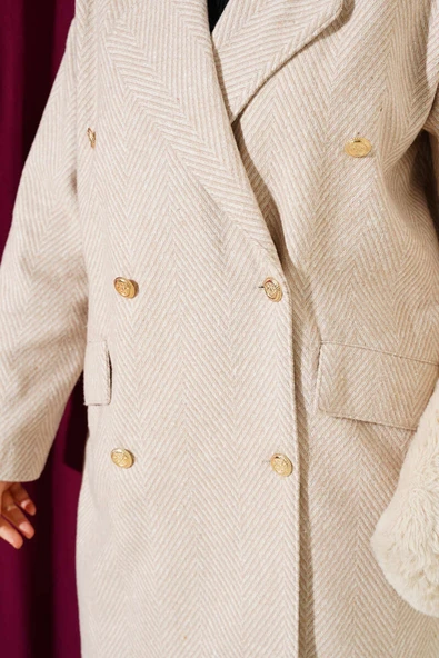 Zigzag Çizgi Desen Kaşe Kaban Bej - Resim 4