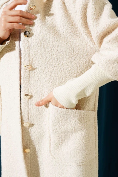 Kol Ribanalı Kapüşonlu Buklet Kap Bej - Resim 4