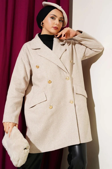 Zigzag Çizgi Desen Kaşe Kaban Bej ürün görseli 1