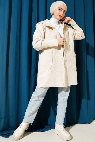 Kol Ribanalı Kapüşonlu Buklet Kap Bej - Resim 2