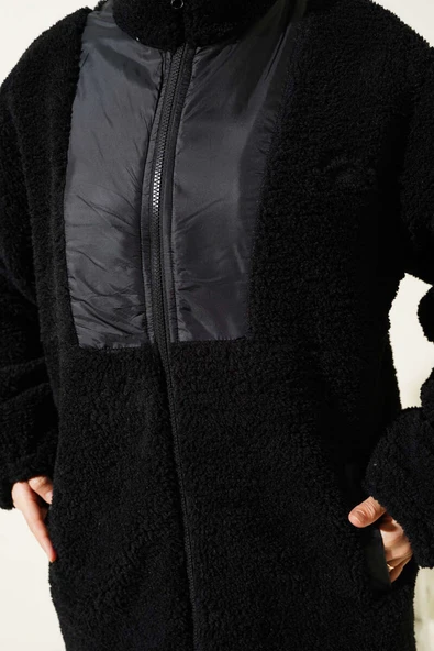 Cepli Fermuarlı Peluş Mont Siyah - 4