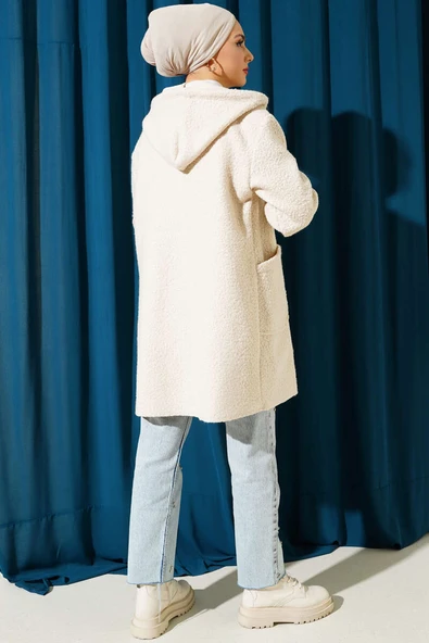 Kol Ribanalı Kapüşonlu Buklet Kap Bej - Resim 3