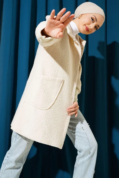 Kol Ribanalı Kapüşonlu Buklet Kap Bej ürün görseli 1