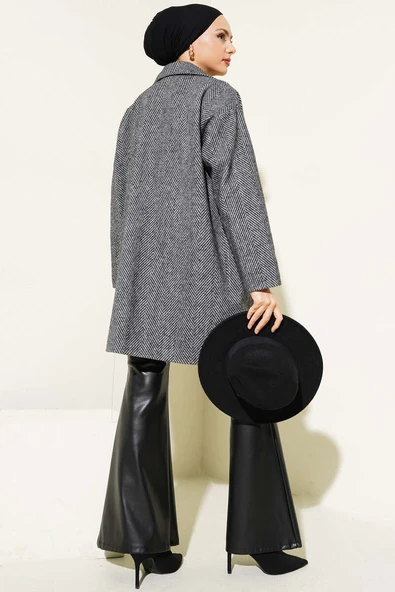 Zigzag Çizgi Desen Kaşe Kaban Siyah - Resim 3