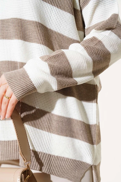 Çizgili Pirinç Örgü Salaş Triko Tunik Vizon - Resim 4