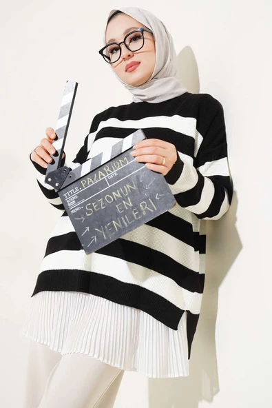 Çizgili Pirinç Örgü Salaş Triko Tunik Siyah ürün görseli