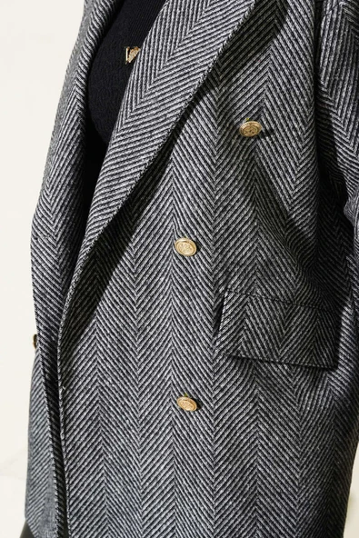 Zigzag Çizgi Desen Kaşe Kaban Siyah - Resim 4