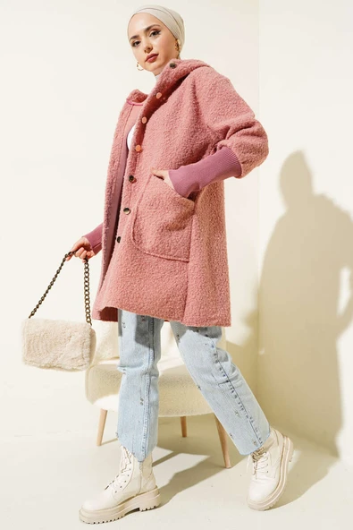 Kol Ribanalı Kapüşonlu Buklet Kap Gül Kurusu - Resim 2