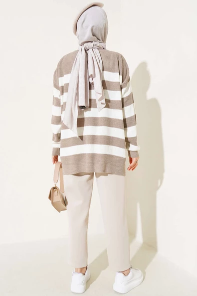 Çizgili Pirinç Örgü Salaş Triko Tunik Vizon - Resim 3