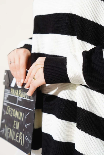 Çizgili Pirinç Örgü Salaş Triko Tunik Siyah - Resim 4