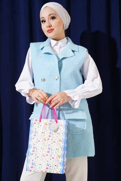 Kruvaze Yaka Buklet Yelek Buz Mavisi ürün görseli