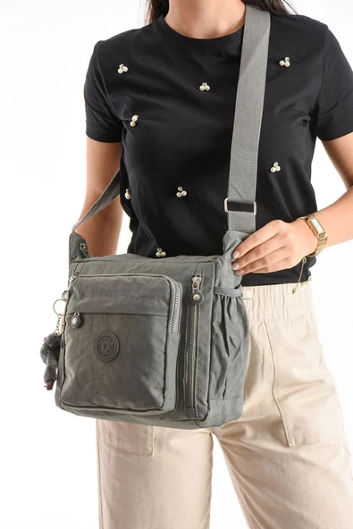 Çapraz Askılı Ultra Hafif Çok Cepli Bayan Omuz Çantası Gri (Model: 571-6M)