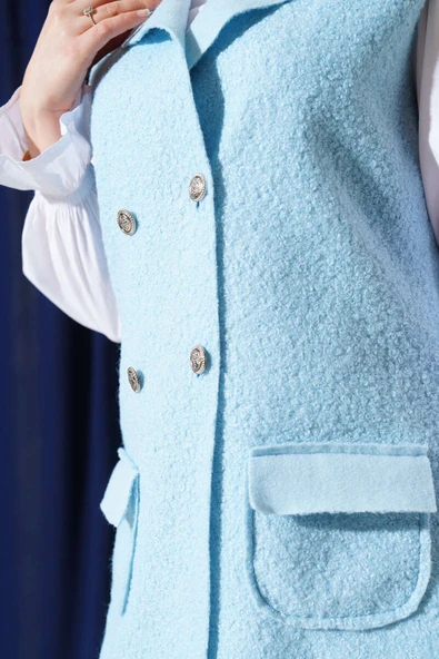 Kruvaze Yaka Buklet Yelek Buz Mavisi - Resim 4