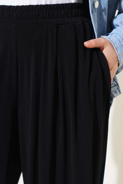 Bel Lastikli Cepli Şalvar Pantolon Siyah - Resim 4