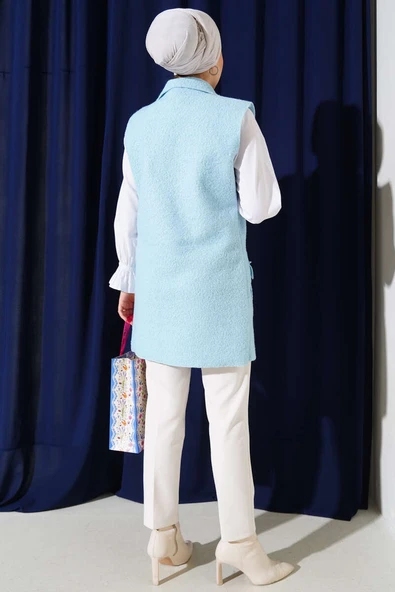 Kruvaze Yaka Buklet Yelek Buz Mavisi - Resim 3