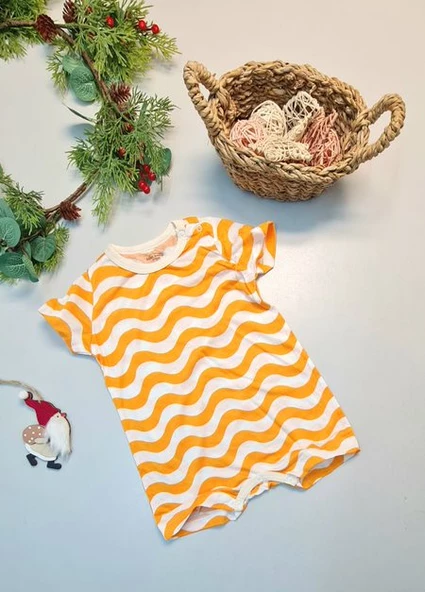 Bebek Yazlık Kısa Kol Şort Tek Parça Çıtçıtlı Tulum Zıbın %100 Pamuk Turuncu Dalga - Resim 3