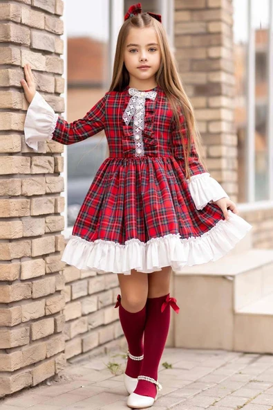 Kız Çocuk Renkli Ekose Desenli Yakası Kurdele Etek Ucu Fırfırlı Kırmızı Elbise - Resim 4