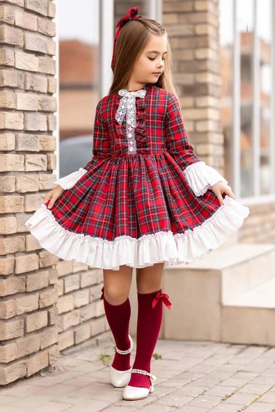 Kız Çocuk Renkli Ekose Desenli Yakası Kurdele Etek Ucu Fırfırlı Kırmızı Elbise - Resim 6
