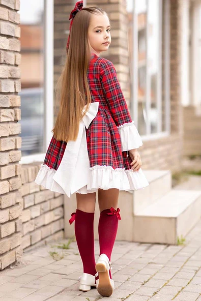 Kız Çocuk Renkli Ekose Desenli Yakası Kurdele Etek Ucu Fırfırlı Kırmızı Elbise - Resim 7