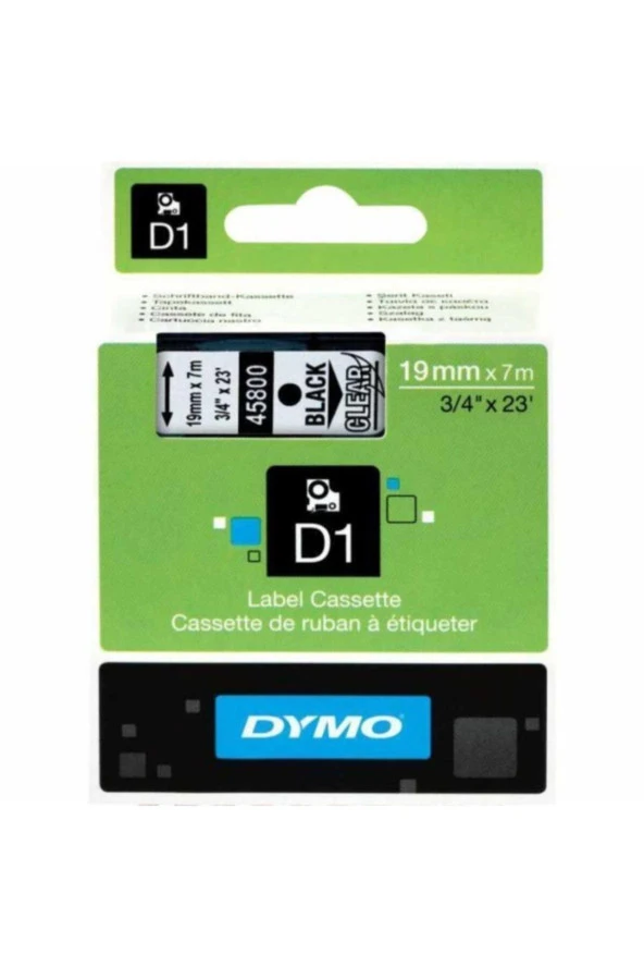 Dymo D1 Şerit Standart 19 MMx7 Metre Şeffaf Üzerine Siyah