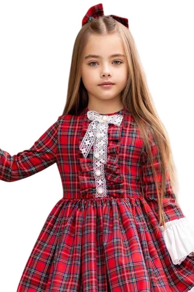 Kız Çocuk Renkli Ekose Desenli Yakası Kurdele Etek Ucu Fırfırlı Kırmızı Elbise - Resim 2