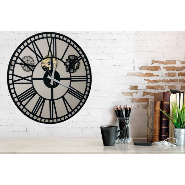 Vinyet Platin Aynalı Kareli Roma Rakamlı Metal Duvar Saati 40cm - 2