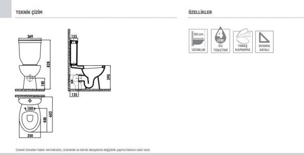 CREAVIT SEDEF 60 CM DUVARA DAYALI KLOZET KAPAK+İÇ TAKIM SD318 - 2