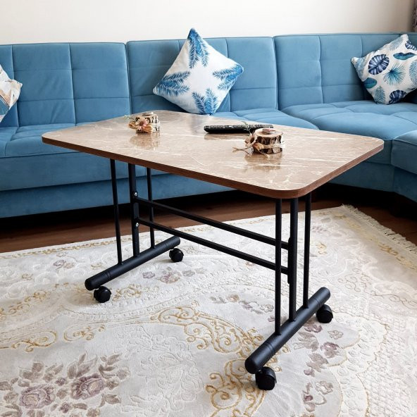 Tekerlekli Masa Orta Sehpa 60x100 Cm Siyah Metal Ayak Sarı Mermer - 4