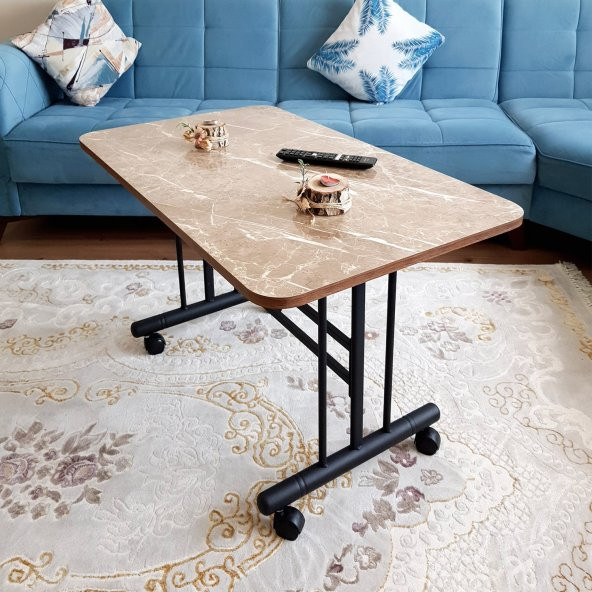 Tekerlekli Masa Orta Sehpa 60x100 Cm Siyah Metal Ayak Sarı Mermer - 5