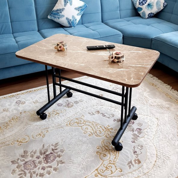 Tekerlekli Masa Orta Sehpa 60x100 Cm Siyah Metal Ayak Sarı Mermer - 6