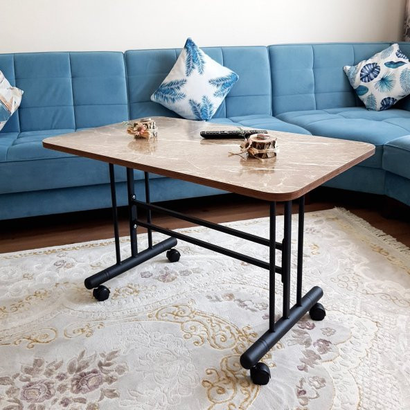 Tekerlekli Masa Orta Sehpa 60x100 Cm Siyah Metal Ayak Sarı Mermer - 8