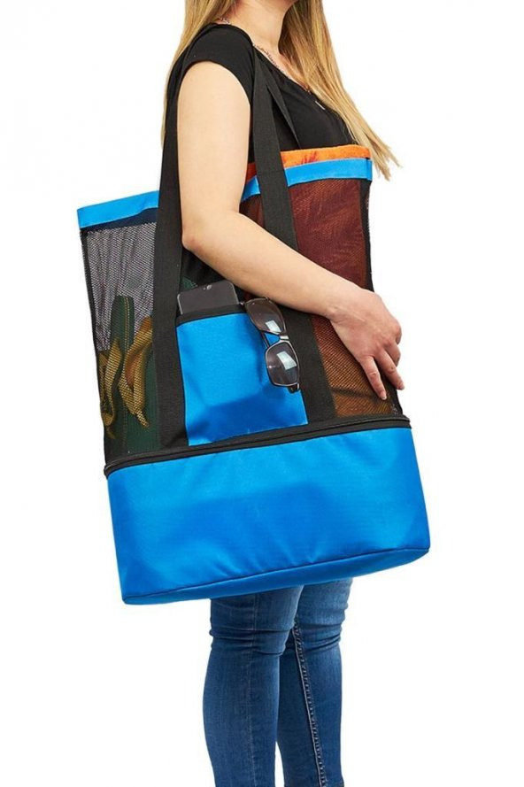 2 Adet Soğuk Tutucu Plaj Çantası + 2 Adet Buz Aküsü Kamp Piknik Termos Çantası Pembe Mavi Renk - 3