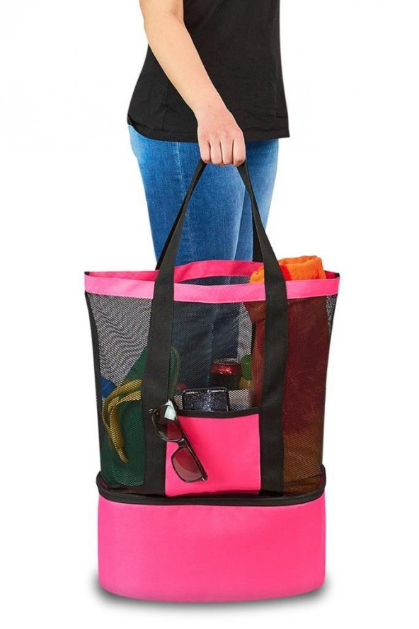 2 Adet Soğuk Tutucu Plaj Çantası + 2 Adet Buz Aküsü Kamp Piknik Termos Çantası Pembe Mavi Renk - 2