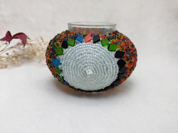 Mozaik El İşçiliği Orta Boy 10 cm Lamba Camı Başlığı Renkli Boncuklu
