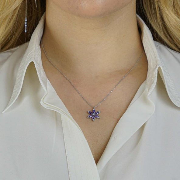 Özel Tasarım Mor Taşlı Lotus Çiçeği Gümüş Kolye - Resim 2