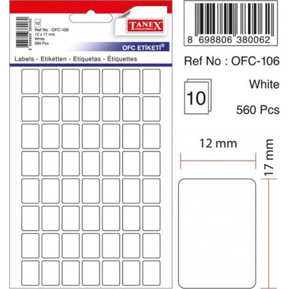 Tanex Etiket Ofc-106-12 X 17 Mm 560 Adet - Beyaz