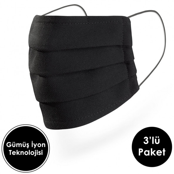 Mutlu Maske Gümüş İyonlu Antiviral Kumaş Siyah Renkli Yıkanabilir Bez Koruyucu Maske 3'lü Paket - 1
