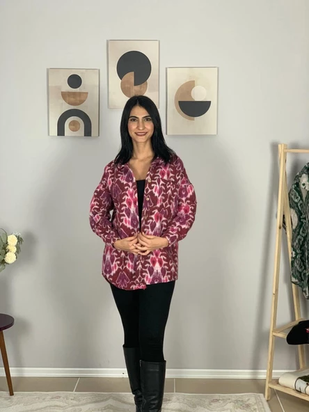 Kadın Tek Cepli Desenli Kalın Oduncu Ceket Gömlek (Fuşya) - 3