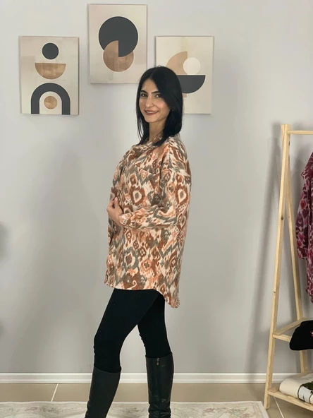 Kadın Tek Cepli Desenli Kalın Oduncu Ceket Gömlek (Turuncu) - Resim 3