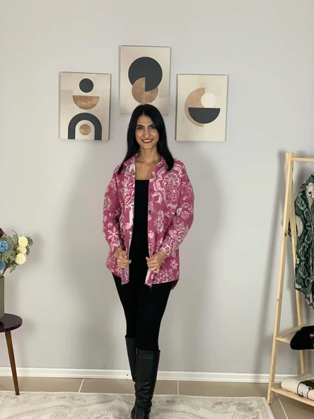 Kadın Tek Cepli Desenli Kalın Oduncu Ceket Gömlek (Pembe) - Resim 2