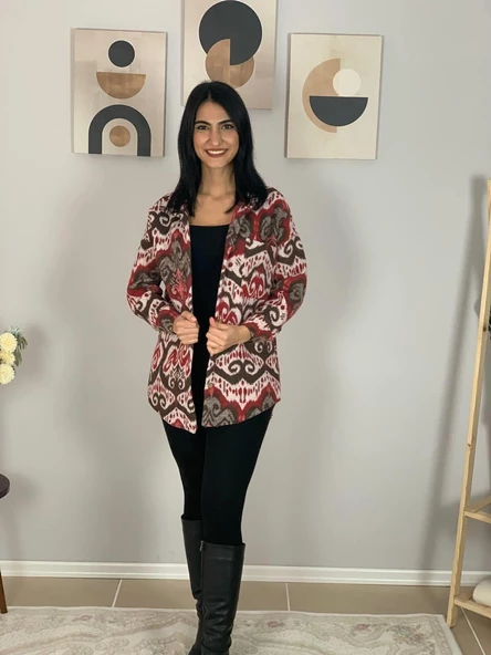 Kadın Tek Cepli Desenli Kalın Oduncu Ceket Gömlek (Kırmızı-Kahve) - Resim 4
