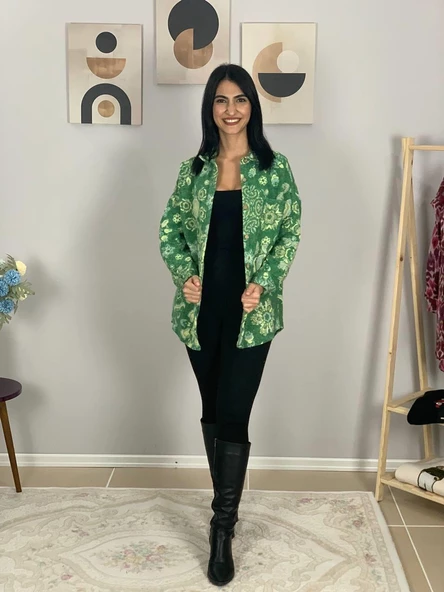 Kadın Tek Cepli Desenli Kalın Oduncu Ceket Gömlek (Yeşil) - Resim 2