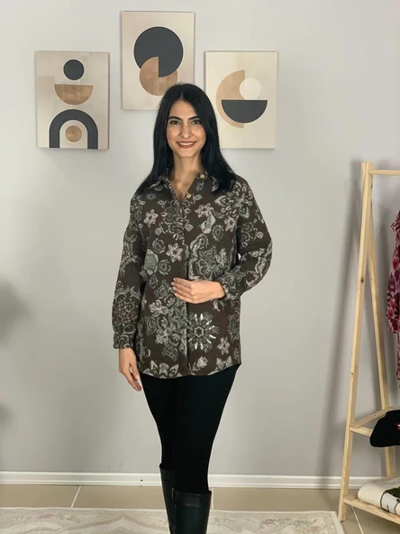 Kadın Tek Cepli Desenli Kalın Oduncu Ceket Gömlek (Kahve) - Resim 4